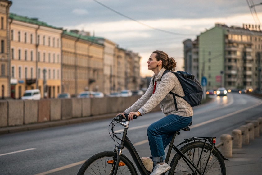 Женщина на велосипеде в городской среде Женщина на велосипеде в городской среде