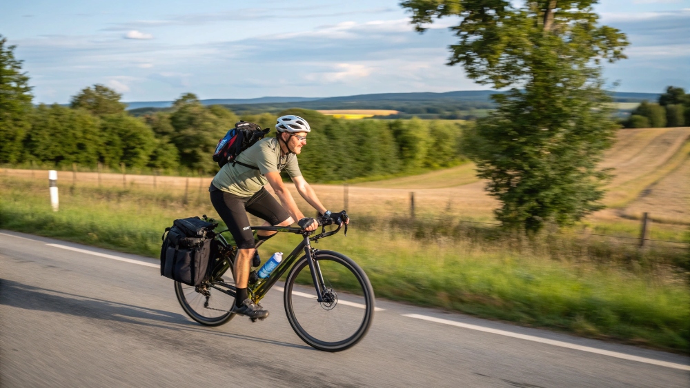 Велосипедист в походе с багажом Велосипедист в походе с багажом