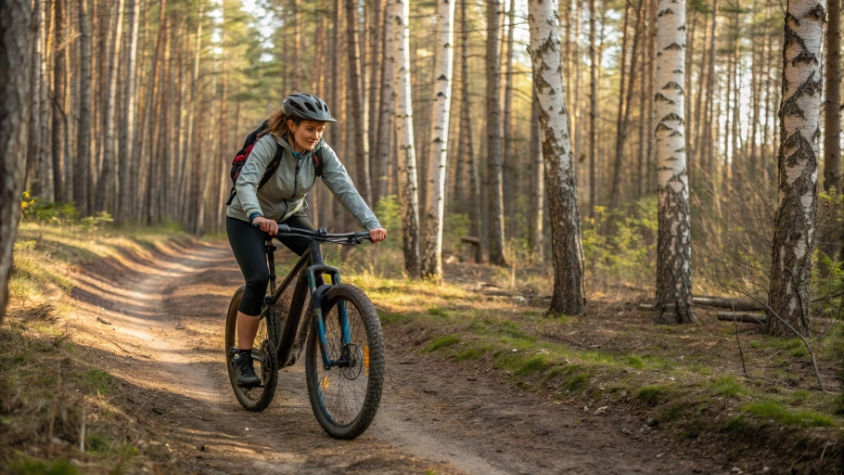 Женщина на велосипеде на природе Женщина на велосипеде на природе