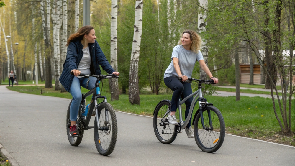 женщины на горных велосипедах в парке женщины на горных велосипедах в парке
